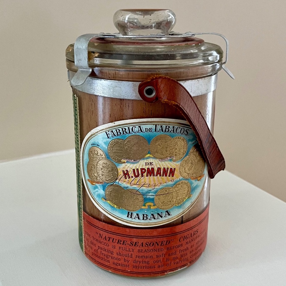 Vintage H Upmann Cedar Lined Glass Jar Humidor Leather Strap